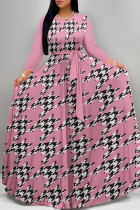 Pink Daily Elegant Geometric Print Lace Up Contrast O Neck Printed Dresses