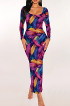 Blue Purple Casual Print Patchwork U Neck Long Dresses