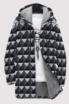 Dark Blue Gray Casual Geometric Print Pocket Zipper Contrast Fleece-lined Hooded Outerwear