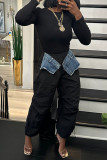 Army Green Casual Patchwork Pocket Regular High Waist Conventional Patchwork Trousers
