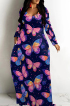 Tibetan Blue Casual Print Patchwork V Neck Long Dresses