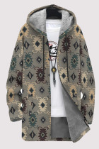 Light Gray Casual Geometric Print Pocket Zipper Contrast Fleece-lined Hooded Outerwear