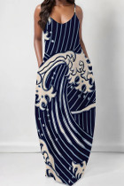 Blue Sexy Geometric Print Polka Dot Pocket Contrast V Neck Printed Dresses