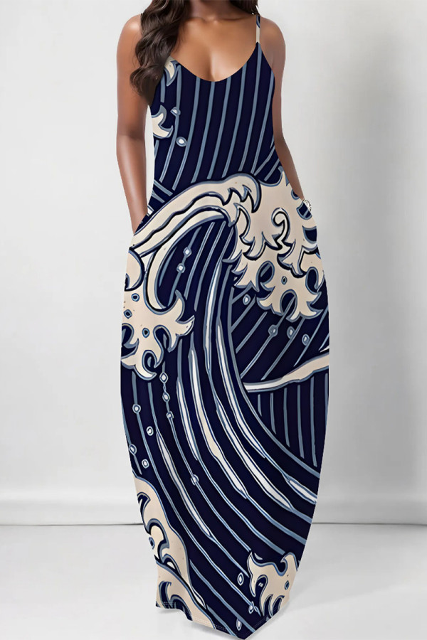 Blue Sexy Geometric Print Polka Dot Pocket Contrast V Neck Printed Dresses
