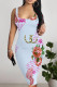 Baby Blue Sexy Street Letter Print Flowers Cartoon Contrast U Neck Printed Dresses