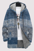 Blue Casual Striped Print Gradient Pocket Zipper Contrast Fleece-lined Hooded Outerwear