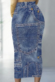 Multicolor Casual Street Flowers Heart Shaped Faux Denim Print Contrast Regular High Waist Full Print Bottoms