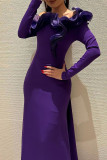 Purple Elegant Solid Color Patchwork Backless Ruffled Trim Off Shoulder Evening Dresses