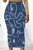 Blue Casual Street Flowers Heart Shaped Faux Denim Print Contrast Regular High Waist Full Print Bottoms