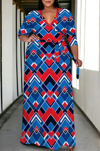 Red Blue Casual Daily Plaid Striped Print Pocket Contrast V Neck Printed Plus Size Dresses