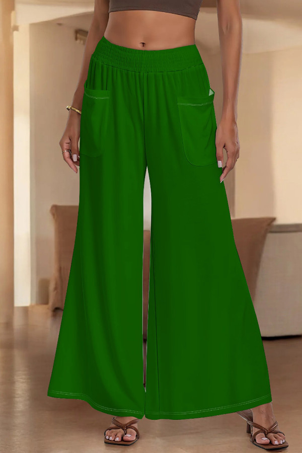 Green Casual Solid Color Pocket Patchwork Loose Mid Waist Wide Leg Patchwork Bottoms