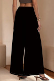 Red Casual Solid Color Pocket Patchwork Loose Mid Waist Wide Leg Patchwork Bottoms