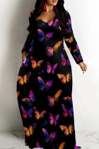 Orange Purple Casual Print Patchwork V Neck Long Dresses