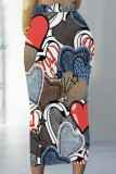 Multicolor Casual Street Flowers Heart Shaped Faux Denim Print Contrast Regular High Waist Full Print Bottoms