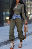 Army Green Casual Patchwork Pocket Regular High Waist Conventional Patchwork Trousers