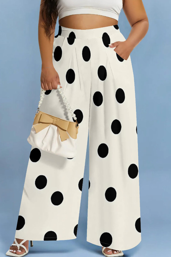 White Casual Print Pocket Patchwork Loose Mid Waist Wide Leg Full Print Bottoms