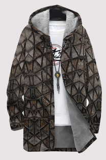 Brown Casual Geometric Print Pocket Zipper Contrast Fleece-lined Hooded Outerwear