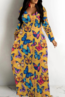 Orange Blue Casual Print Patchwork V Neck Long Dresses