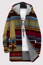 Stripe Casual Striped Print Gradient Pocket Zipper Contrast Fleece-lined Hooded Outerwear