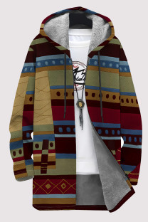 Stripe Casual Striped Print Gradient Pocket Zipper Contrast Fleece-lined Hooded Outerwear