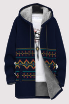 Tibetan Blue Casual Geometric Print Pocket Zipper Contrast Fleece-lined Hooded Outerwear
