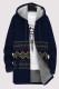 Tibetan Blue Casual Geometric Print Pocket Zipper Contrast Fleece-lined Hooded Outerwear