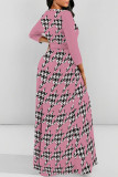 Navy Blue Daily Elegant Geometric Print Lace Up Contrast O Neck Printed Dresses