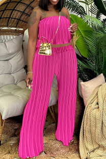 Rose Red Casual Solid Color Patchwork Backless Pleated Strapless Two Pieces