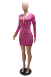 Rose Red Sexy Patchwork Hot Drilling Hollow Out Backless V Neck Wrapped Skirt Dresses