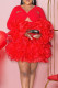 Red Elegant Solid Color Hollow Out Patchwork Ruffled Trim V Neck Evening Dresses