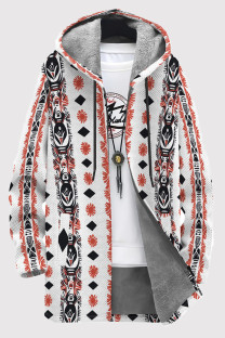 White Red Casual Print Pocket Patchwork Zipper Contrast Hooded Outerwear