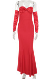Red Elegant Solid Color Patchwork Backless Ruched Strapless Evening Dresses(Have Arm Covers)