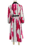 Orange Red Elegant Print Buckle Patchwork With Belt Turndown Collar Long Dresses