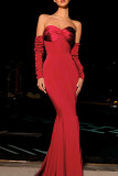 Red Elegant Solid Color Patchwork Backless Ruched Strapless Evening Dresses(Have Arm Covers)