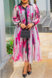 Orange Red Elegant Print Buckle Patchwork With Belt Turndown Collar Long Dresses