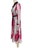 Orange Red Elegant Print Buckle Patchwork With Belt Turndown Collar Long Dresses
