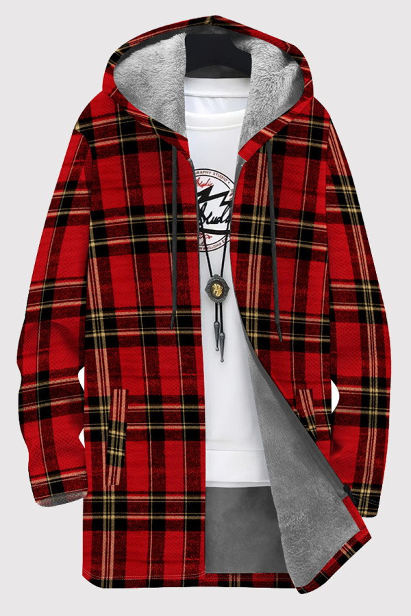 Red Casual Print Pocket Patchwork Zipper Contrast Hooded Outerwear