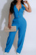 Blue Casual Solid Color Buckle Patchwork Flower Shape V Neck Two Pieces