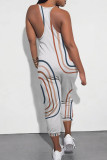 White Casual Print Pocket Patchwork Backless Spaghetti Strap Loose Jumpsuits