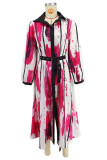 Orange Red Elegant Print Buckle Patchwork With Belt Turndown Collar Long Dresses