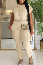 Apricot Casual Solid Color Draw String Pocket Patchwork O Neck Short Sleeve Two Pieces