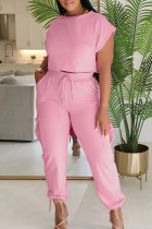 Pink Casual Solid Color Draw String Pocket Patchwork O Neck Short Sleeve Two Pieces