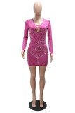 Rose Red Sexy Patchwork Hot Drilling Hollow Out Backless V Neck Wrapped Skirt Dresses