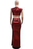 Red Sexy Solid Color Patchwork Asymmetrical Collar Two Pieces