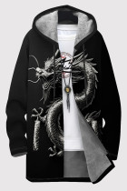 Black Casual Print Pocket Patchwork Zipper Contrast Hooded Outerwear