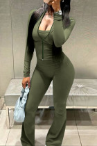 Army Green Casual Solid Color Patchwork Zipper Zipper Collar Long Sleeve Two Pieces