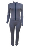Blue Casual Solid Color Patchwork Zipper Zipper Collar Long Sleeve Two Pieces
