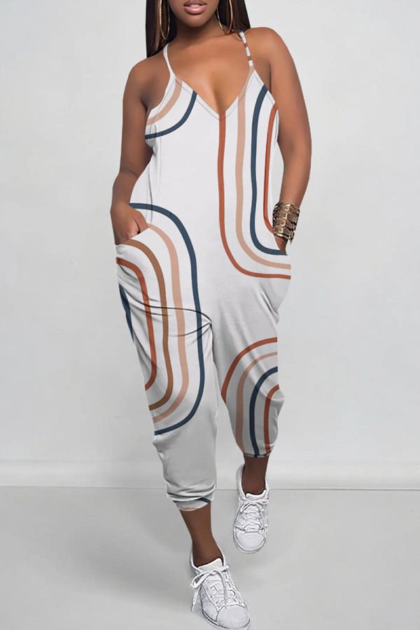 White Casual Print Pocket Patchwork Backless Spaghetti Strap Loose Jumpsuits