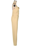Apricot Casual Solid Color Buckle Patchwork Flower Shape V Neck Two Pieces