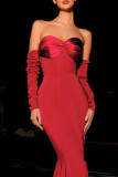 Red Elegant Solid Color Patchwork Backless Ruched Strapless Evening Dresses(Have Arm Covers)